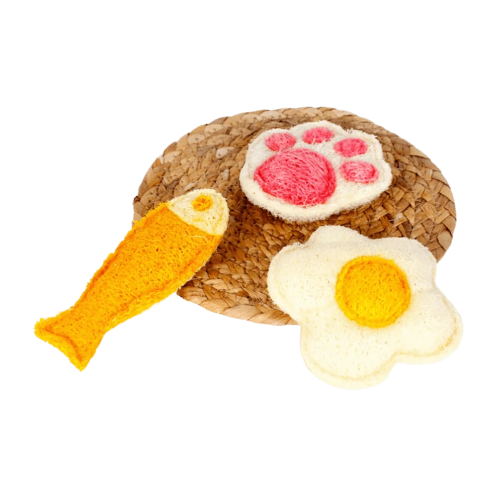 A natural loofah cat chew toy shaped like a fish and a paw print resting on a woven mat.