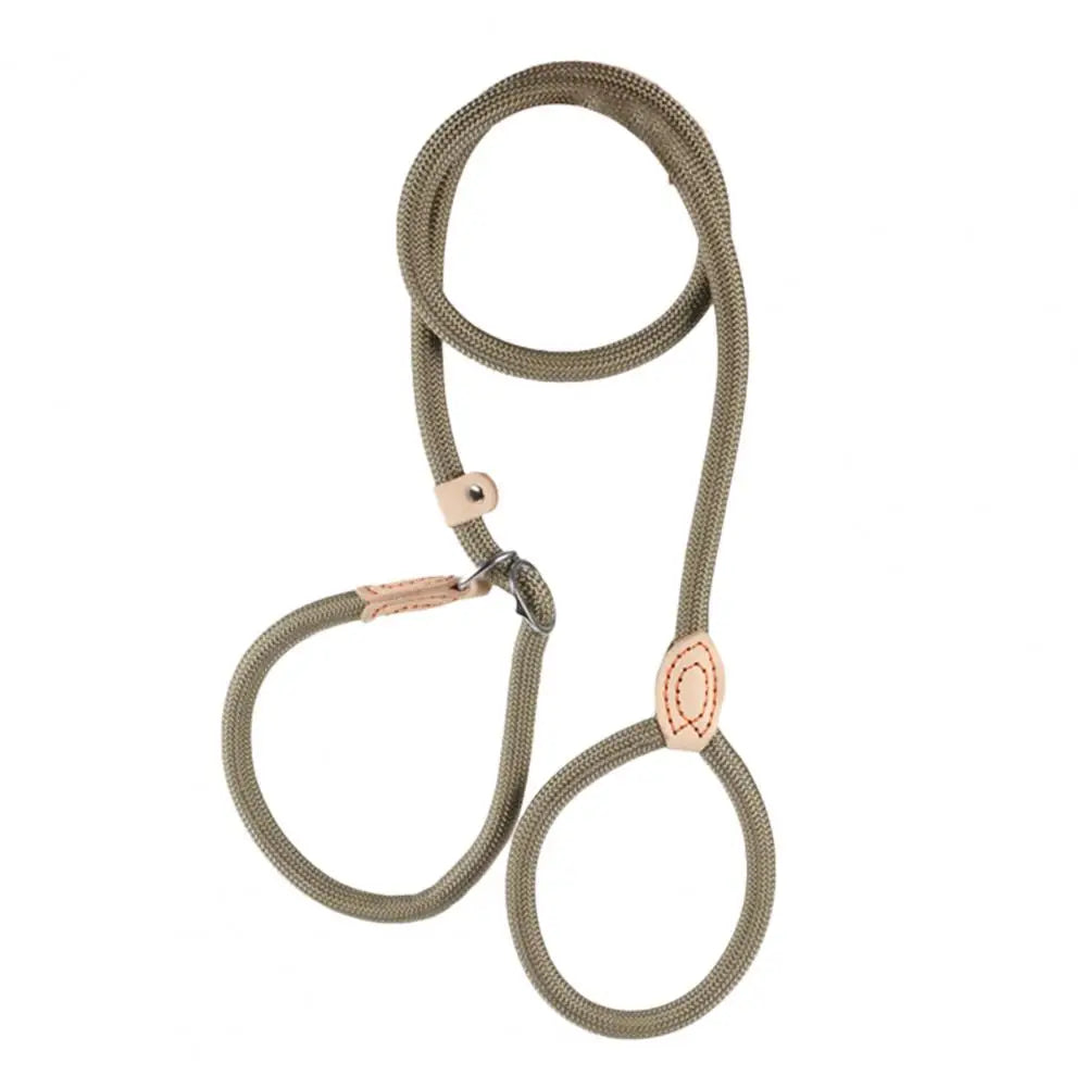A heavy duty slip lead dog leash in olive green with an adjustable stopper.