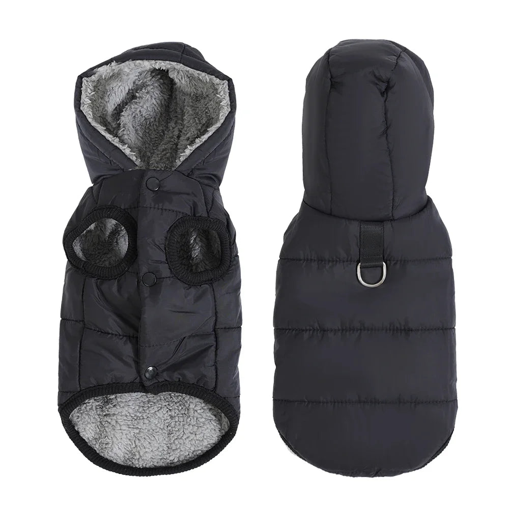 Black waterproof hooded dog jacket with a fleece lining for small and medium breeds