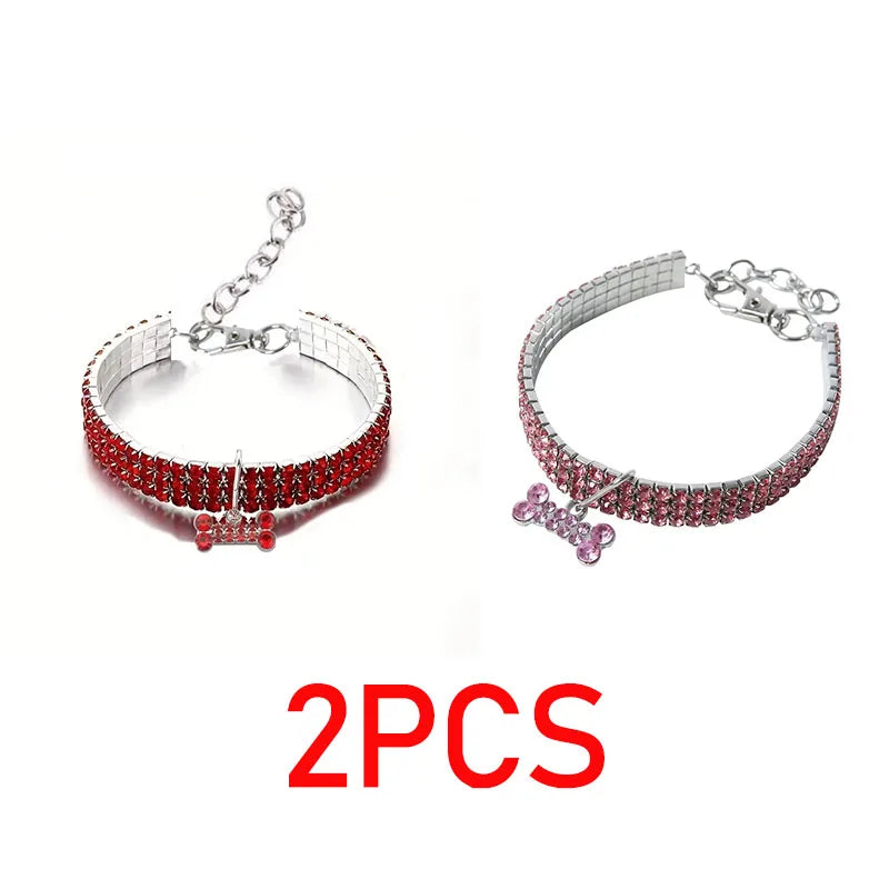 Two crystal rhinestone dog collars with quick release buckles shown side by side.