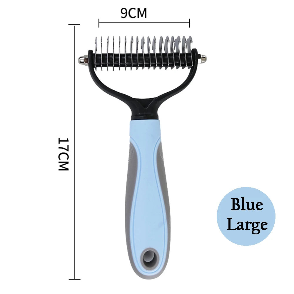 A blue large dual-sided pet deshedding and dematting brush with a black handle and metal bristles.