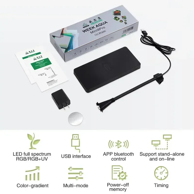 A box and black light fixture for the Week Aqua MiniPro aquarium lighting system.