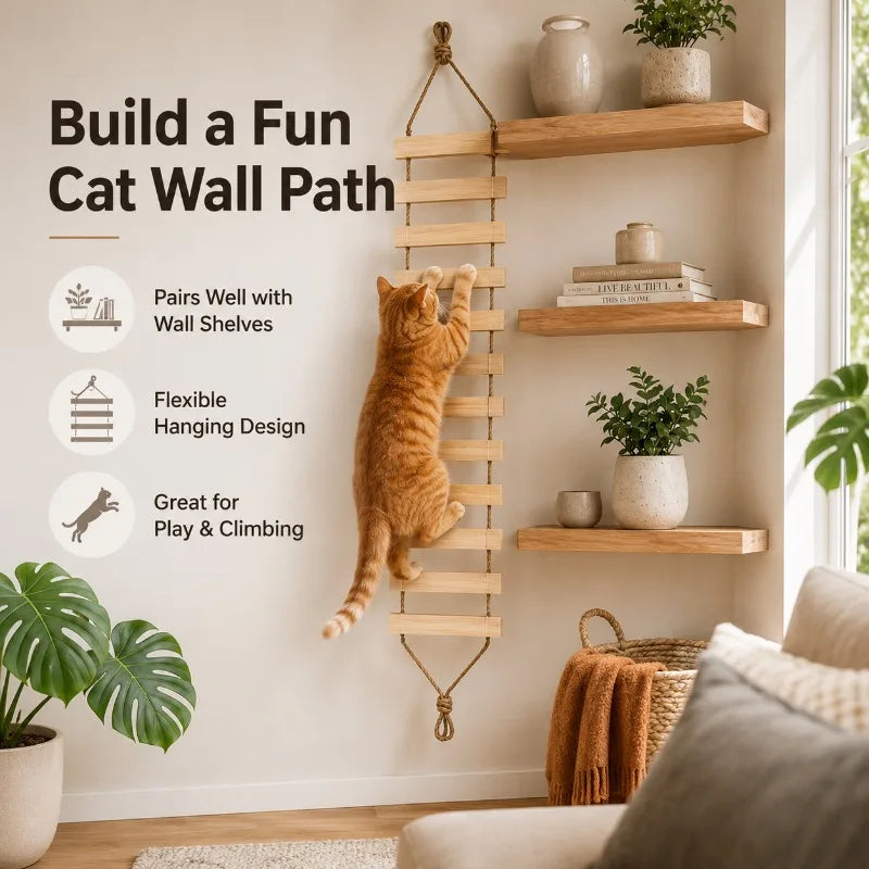 A natural wood cat climbing ladder and flexible hanging bridge mounted on a wall shelf system.