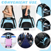 Various views of a portable foldable pet carrier for cats, dogs, and puppies in black and blue.