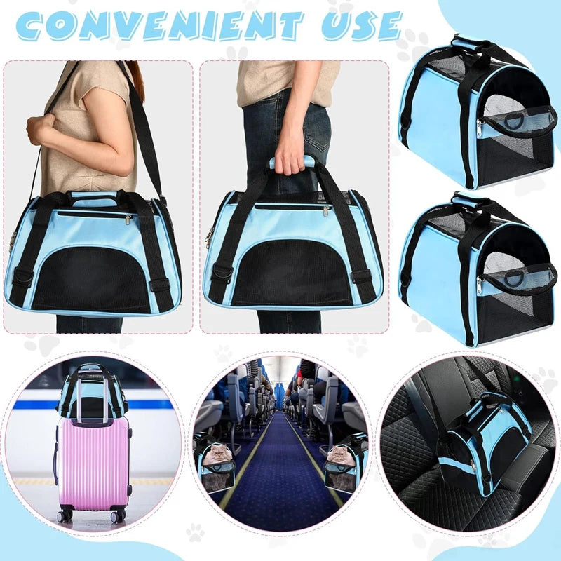 Various views of a portable foldable pet carrier for cats, dogs, and puppies in black and blue.