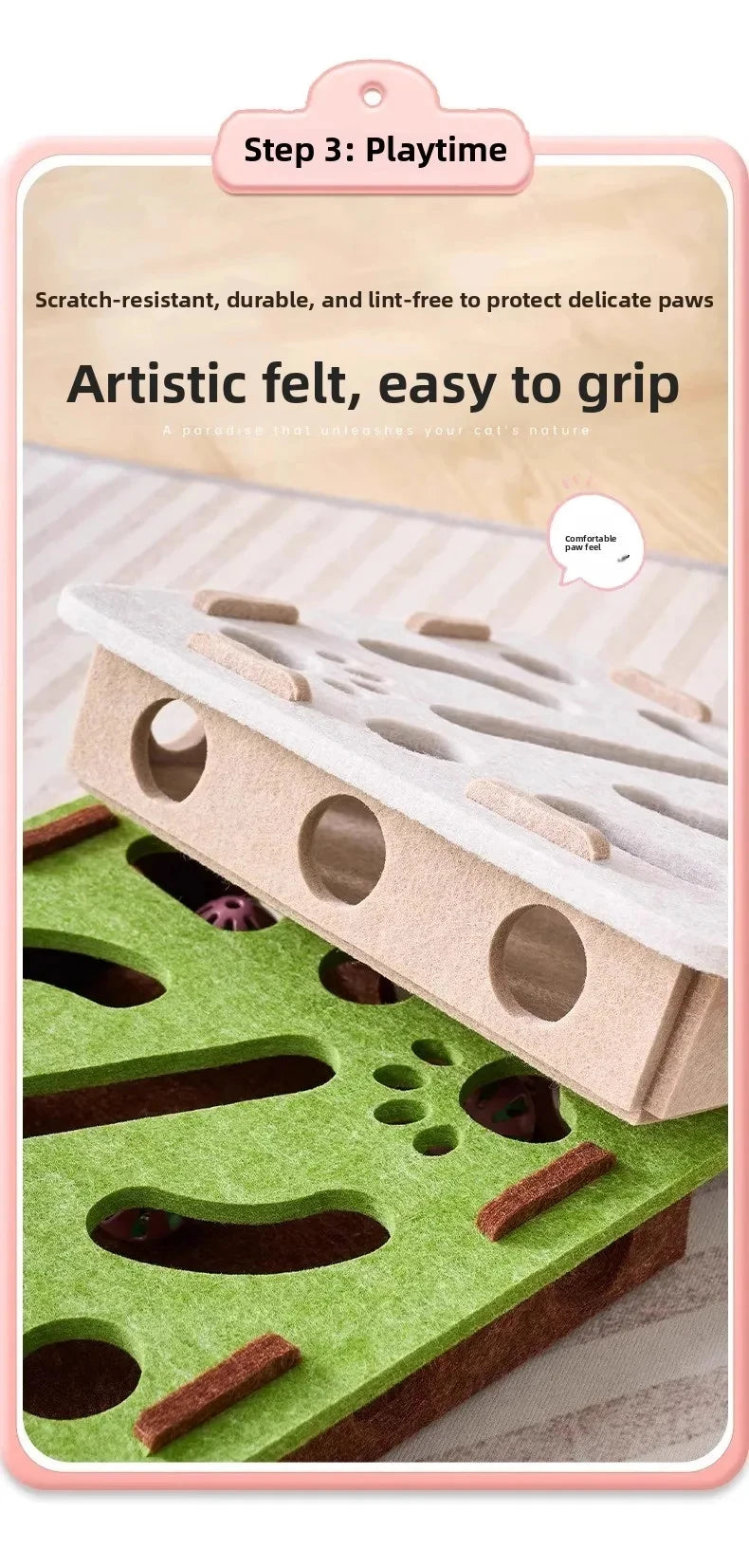 A felt puzzle toy for cats showing a wooden base with slots and a piece of felt designed to be gripped.