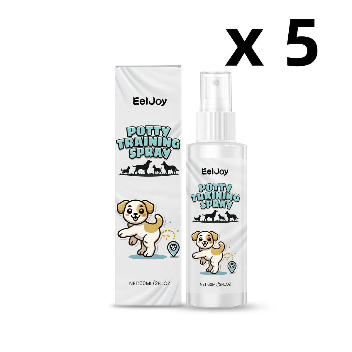 Five bottles of EelJoy Potty Training Spray for dogs