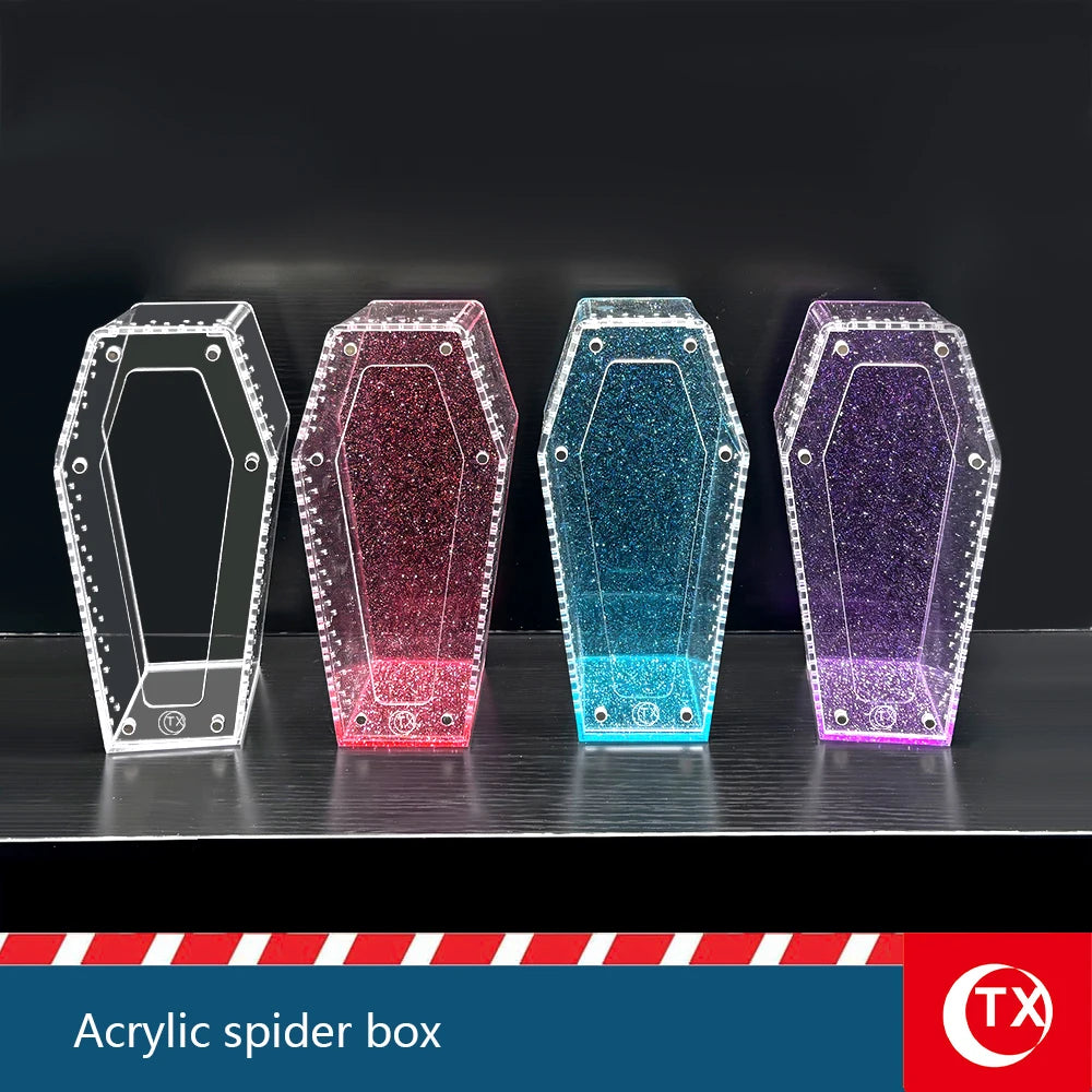 A row of four magnetic acrylic spider boxes in various colors including clear, pink, blue, and purple.