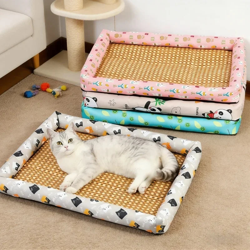 A white cat is lying on a rectangular pet bed with a woven mat and decorative trim.