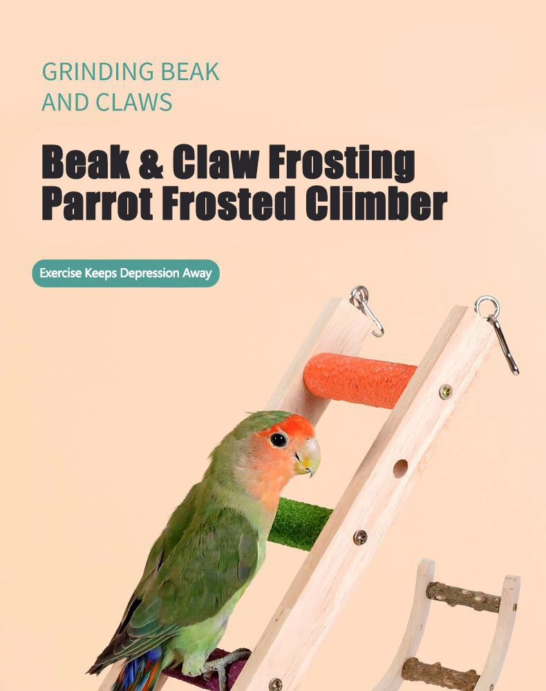 A parrot is climbing a wooden bird-frosted climber, which is a beak and claw frosting product.