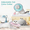 Adjustable cat cone collar shown on a kitten and a larger cat, demonstrating its use for veterinary recovery.