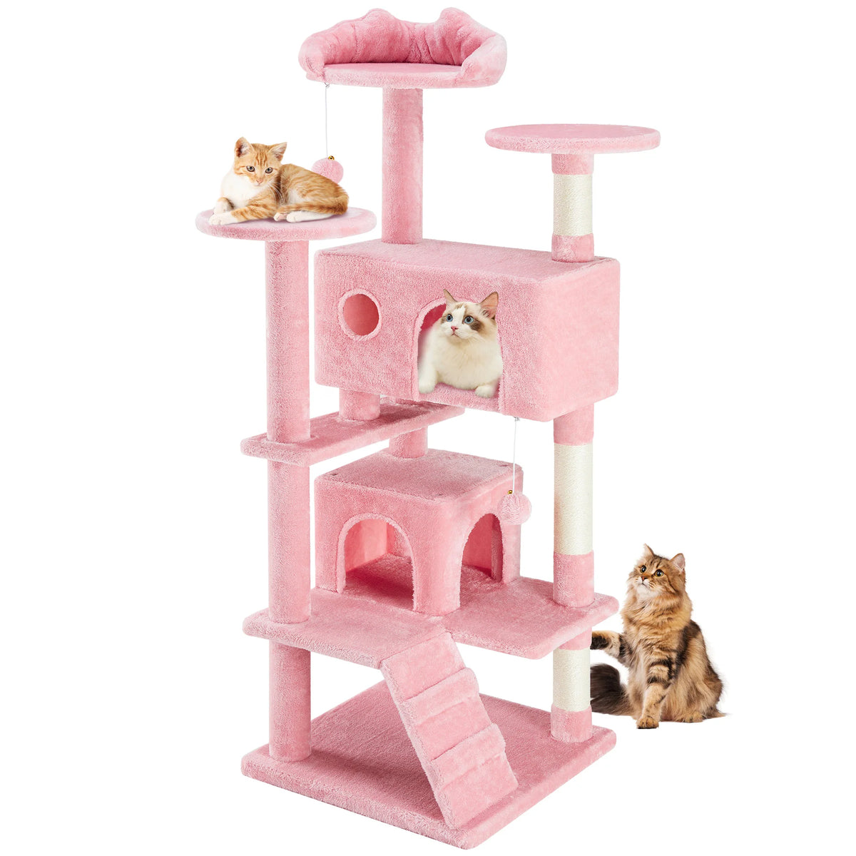 A multi-level pink cat tree featuring scratching posts and condos with a kitten and a cat resting on the top platform.