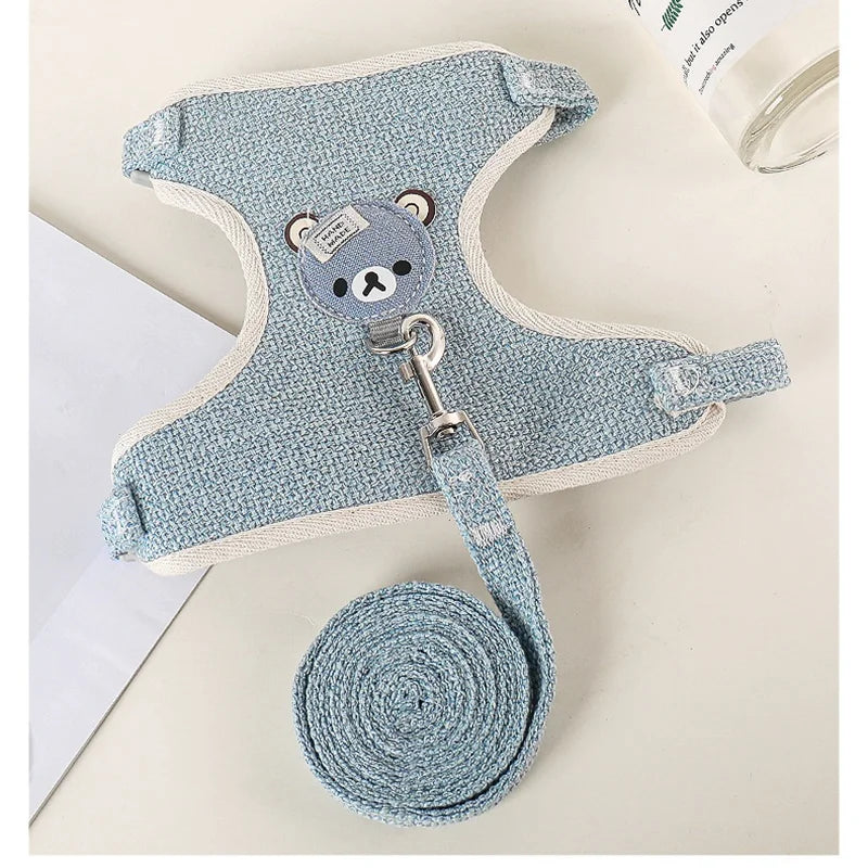 Light blue nylon dog harness and leash set with a bear charm