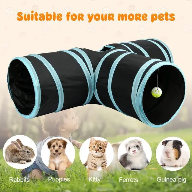 Black and teal collapsible bunny tunnel and hideout suitable for small pets like rabbits, puppies, kitties, ferrets, and guin