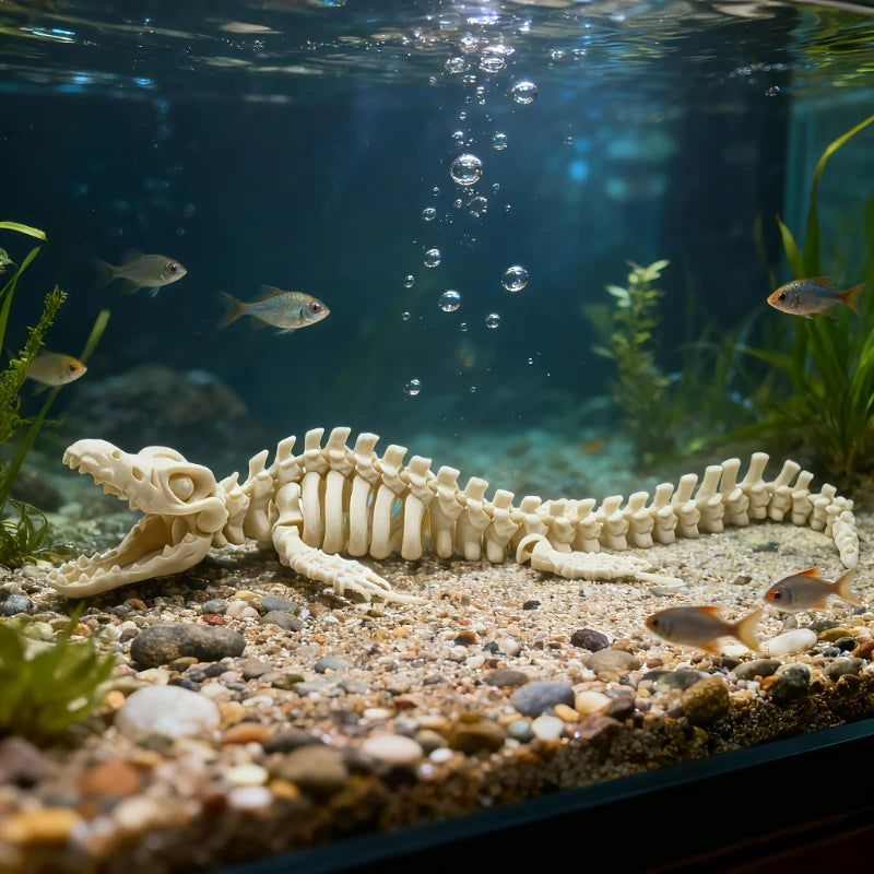 A realistic skeleton aquarium decoration with a dinosaur design is visible underwater on a gravel substrate.