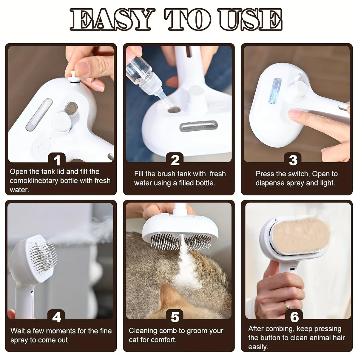 A six-step guide showing how to use a 3-in-1 steam pet hair remover for cleaning animal hair.