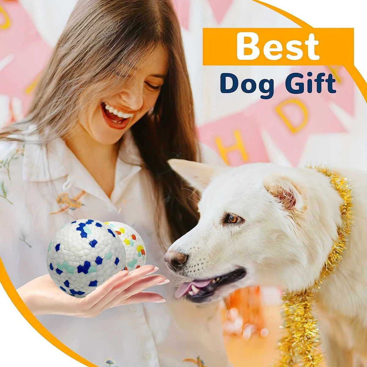 A woman is holding a white dog and a blue patterned chew ball, demonstrating a dog gift.