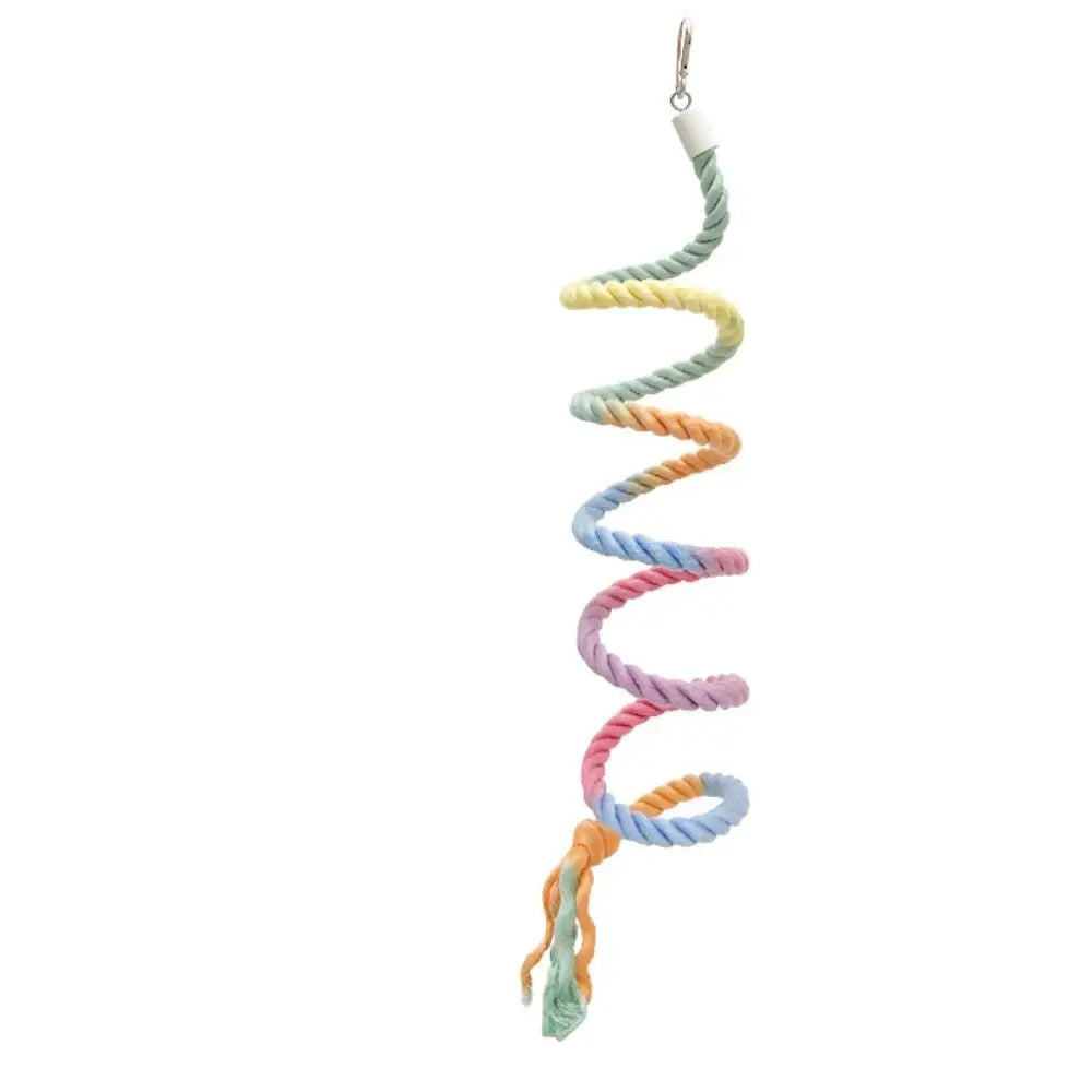 A coiled bendable cotton rope perch for small birds, showing various shades of green and yellow.