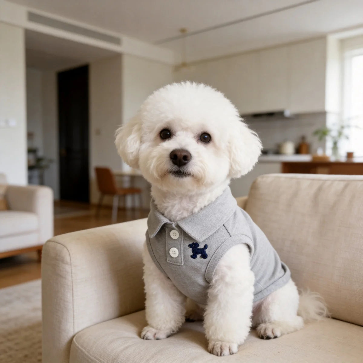 A white poodle wearing a gray polo shirt with a dark blue emblem sitting on a light-colored sofa.