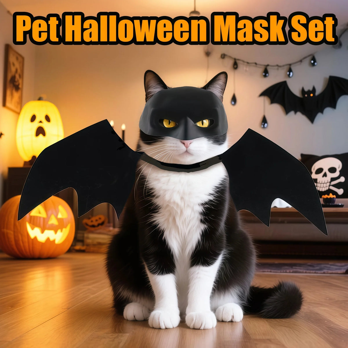 A black and white cat wearing a bat mask and wings sitting on a wooden floor with a carved pumpkin in the background.