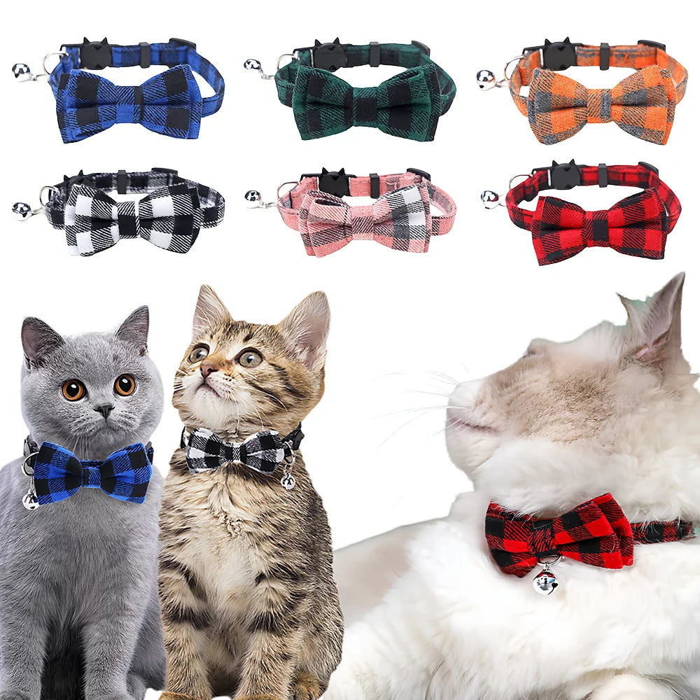 Various plaid bow tie collars for cats and small dogs shown alongside several domestic cats.