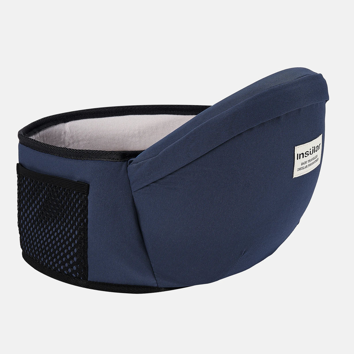 Portabebés de color azul marino ajustable con cinturón de cadera y cintura, forro gris.