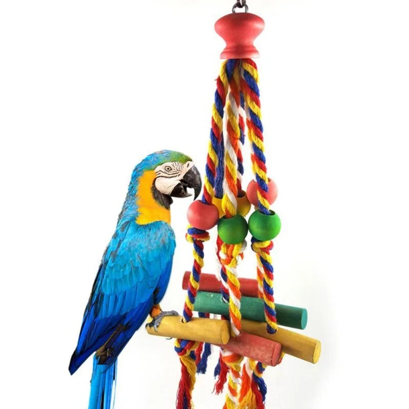 A colorful parrot chewing toy featuring a wooden perch and braided natural rope.