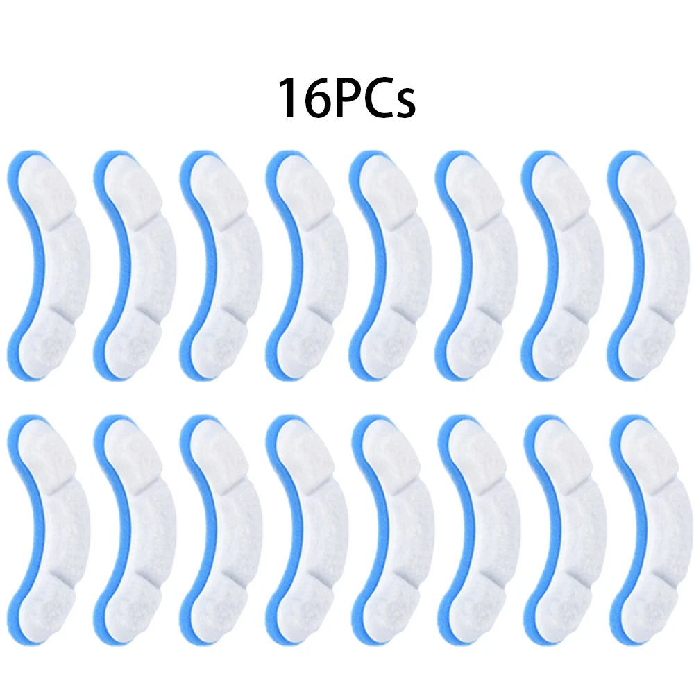 A set of 16 white activated carbon replacement filters shaped like curved leaves.