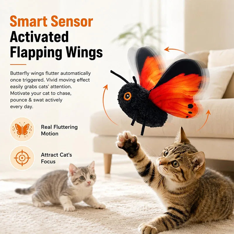 A black and orange butterfly toy is shown fluttering near a tabby cat.