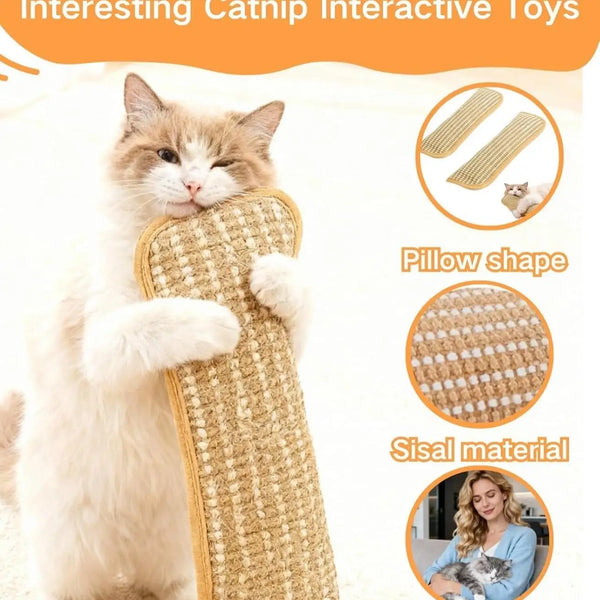 A fluffy cat is holding a beige sisal scratching pillow, demonstrating an interactive toy for cats.