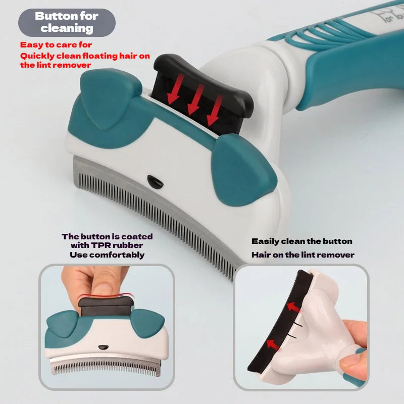 A close-up of a white pet thinning comb with a black button for cleaning and a pink plastic hair remover tip.