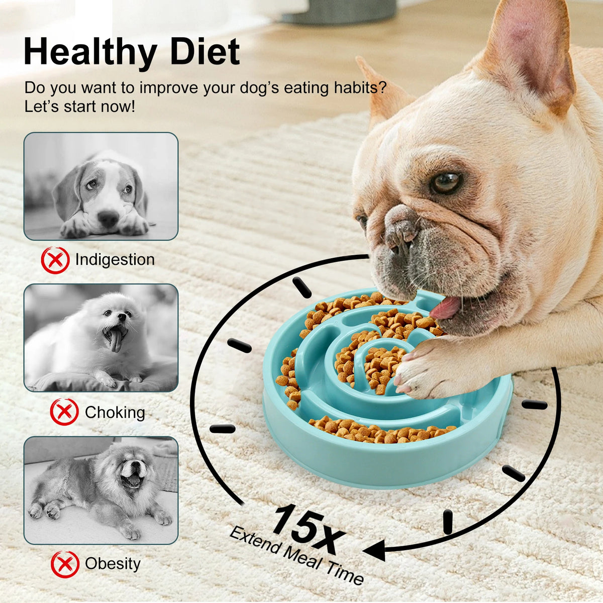 Anti-Gulping Maze Slow Feeder Dog Bowl with Non-Slip Base