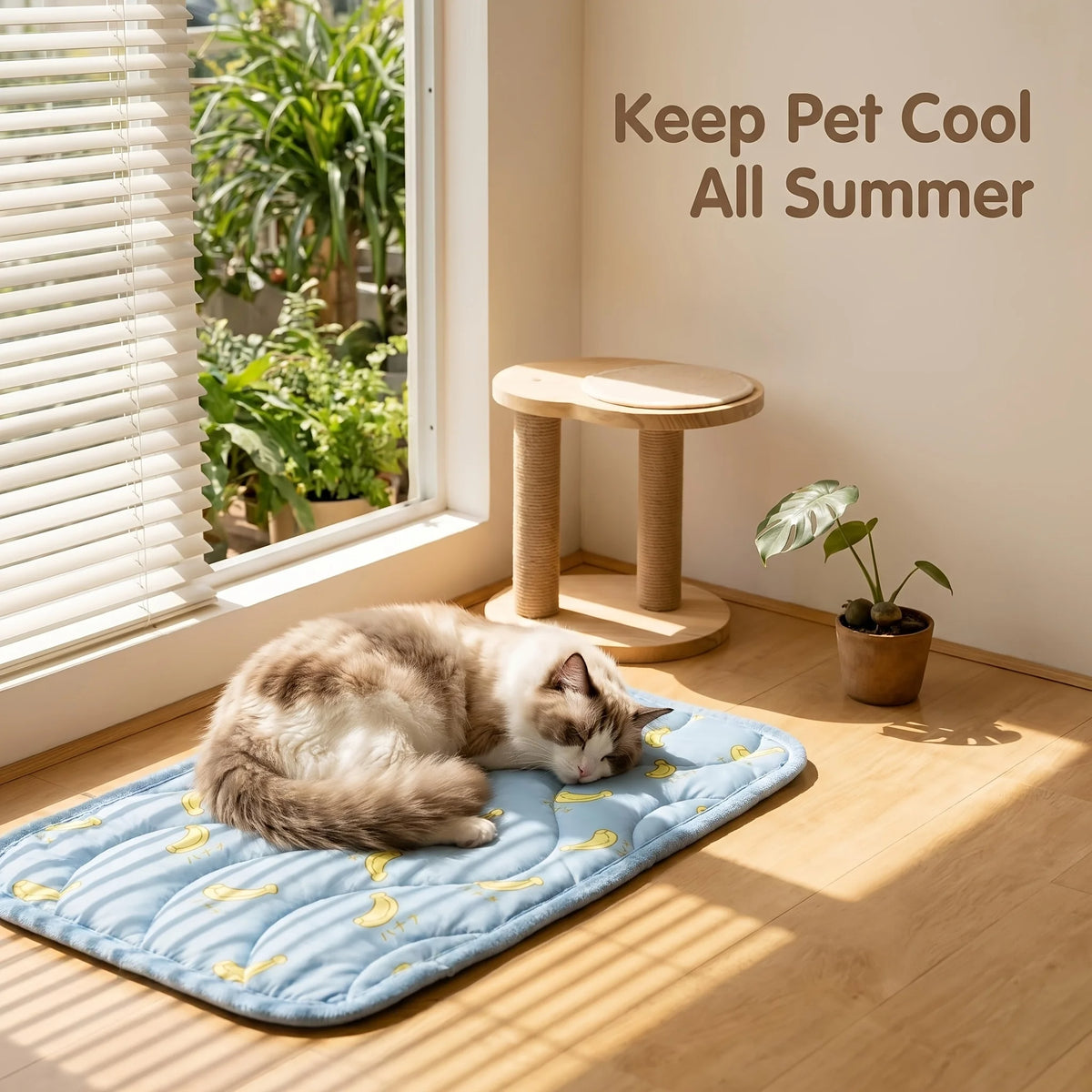 A fluffy white cat is relaxing on a blue self-cooling pet mat indoors near a window.