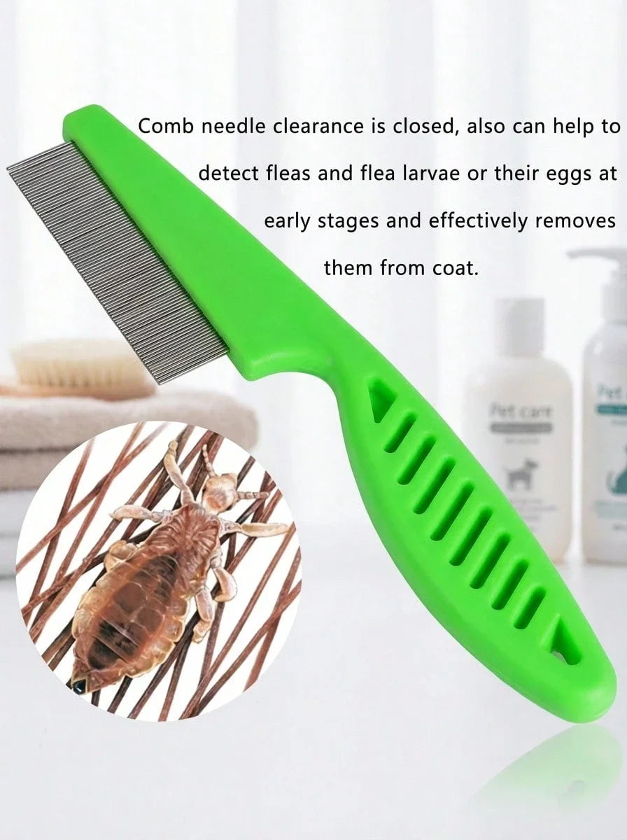 A bright green fine-toothed stainless steel pet grooming comb is shown with a close-up of an insect on the comb teeth.