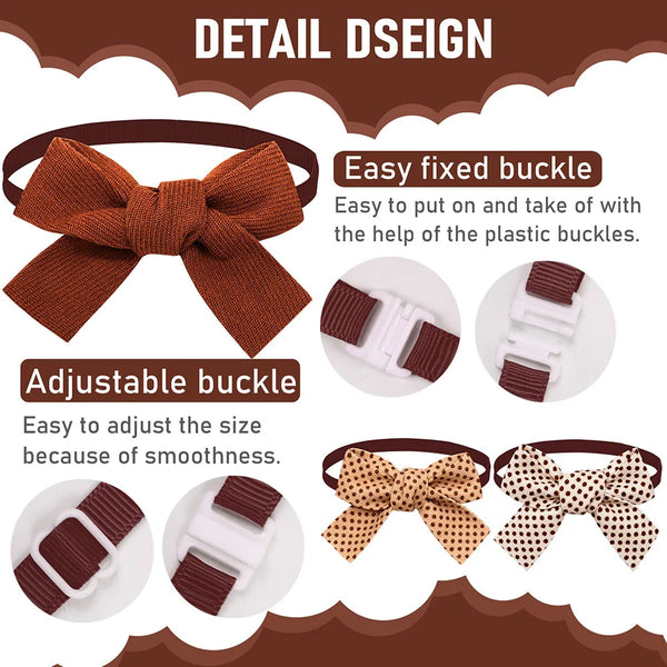 Brown fabric pet bow ties featuring plaid and dot patterns for dogs and cats