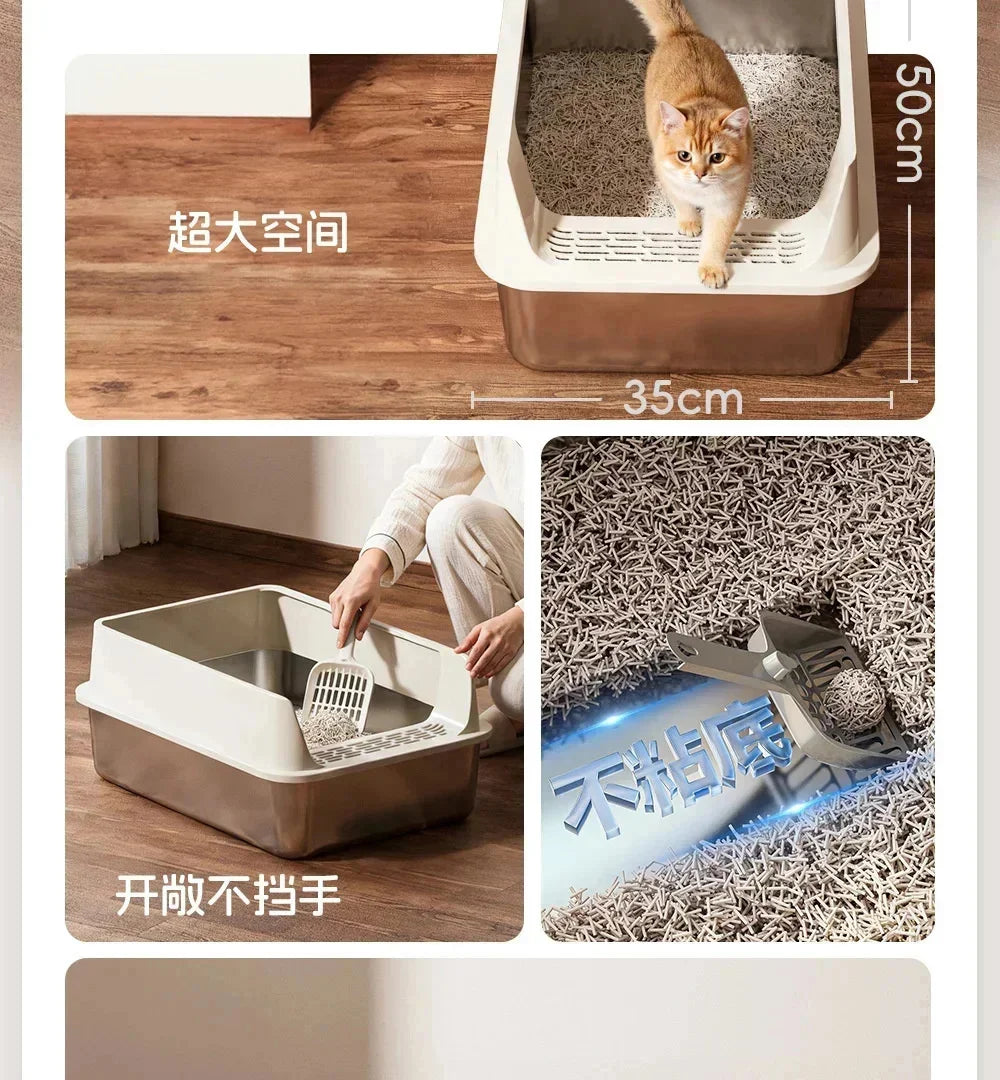 Extra-Large Stainless Steel Cat Litter Box with Splash-Proof Rim