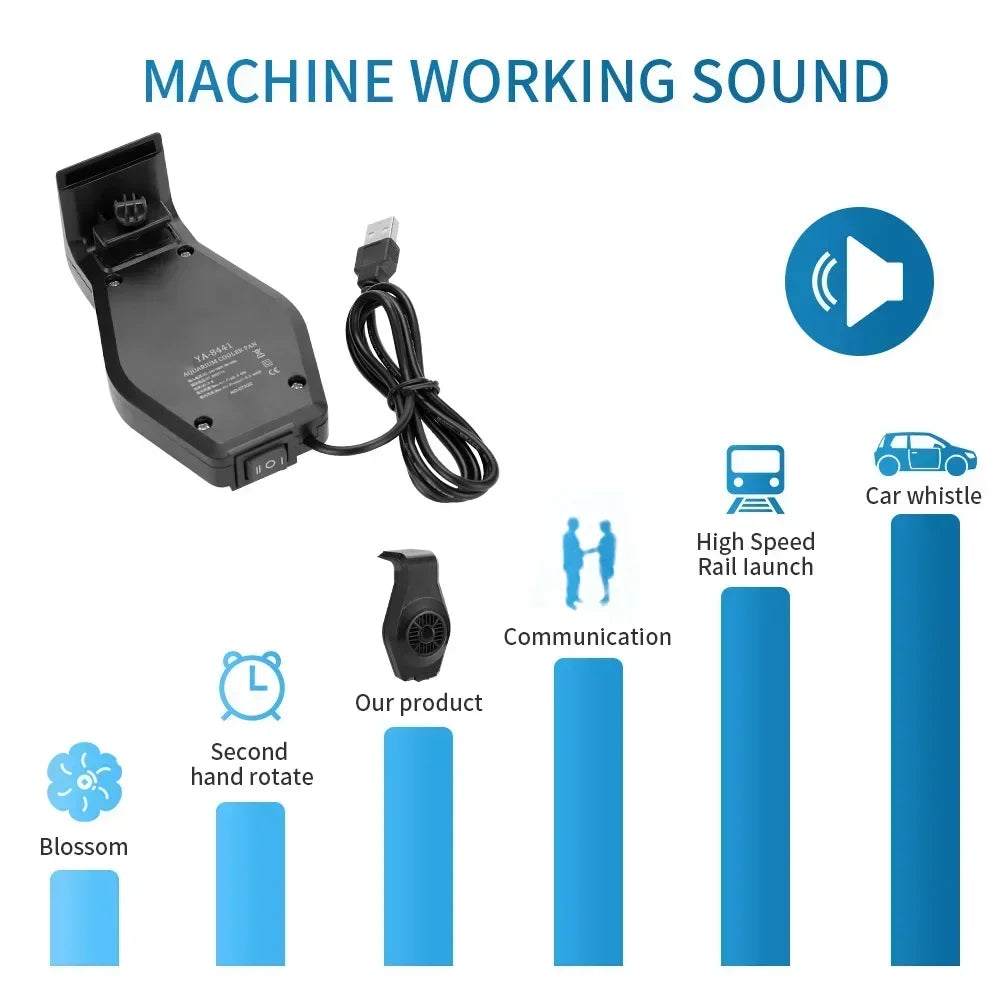 A black USB aquarium cooling fan is shown with various features like a car whistle, communication, and railroad launch.