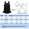 Black breathable pet carrier backpack with adjustable straps and dimensions for various dog sizes