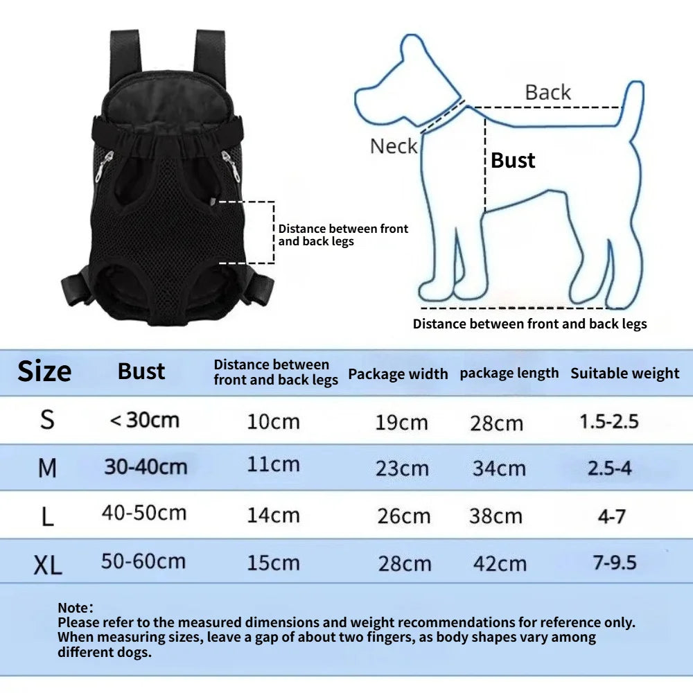 Black breathable pet carrier backpack with adjustable straps and dimensions for various dog sizes