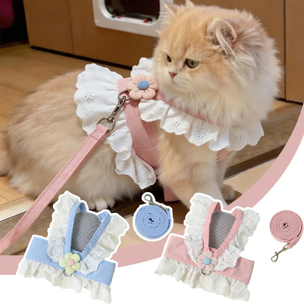 Princess Style Adjustable Cat Harness and Leash Set for Small Pets