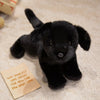 A black realistic Labrador plush toy lying on a light-colored surface next to a note.