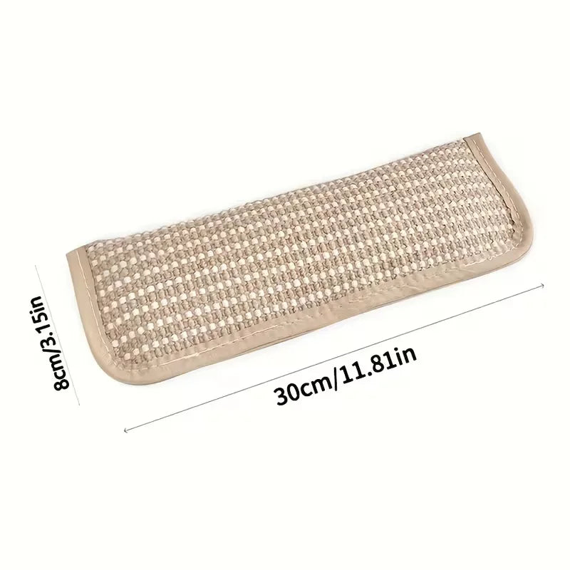 A rectangular beige sisal cat toy and pillow set with a textured surface.