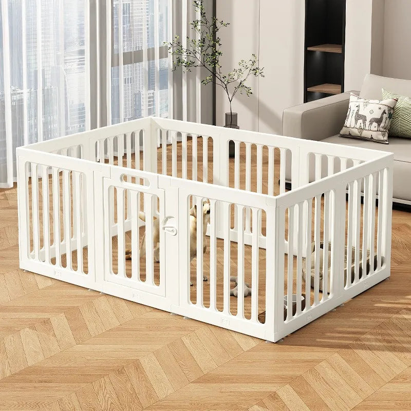 White indoor pet playpen with double suction cup mount placed on a wooden floor.