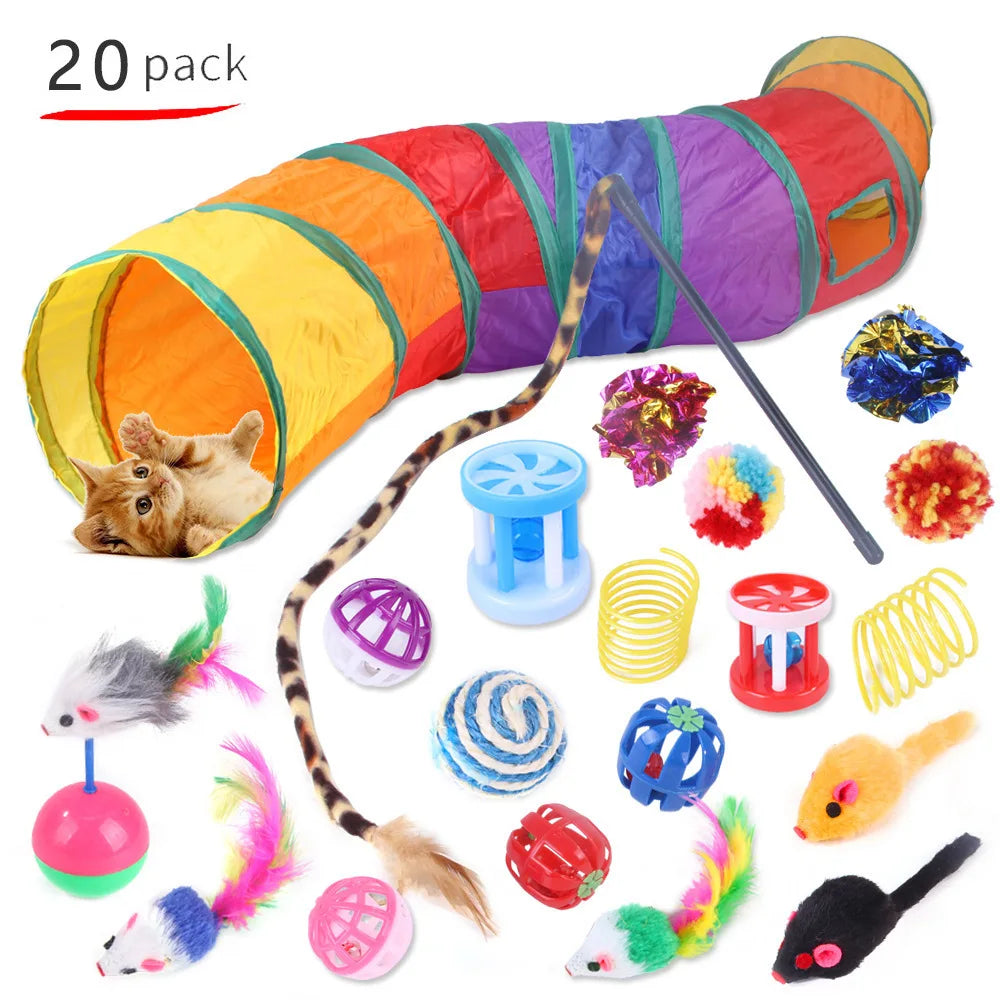 A variety pack of cat toys including a sisal mouse, feather wand, and colorful bell balls.