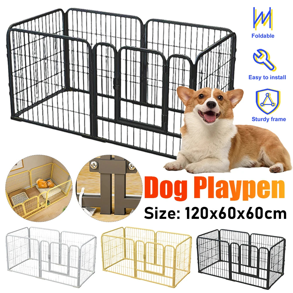A black foldable dog playpen with a sturdy frame and various sizes shown in different colors.