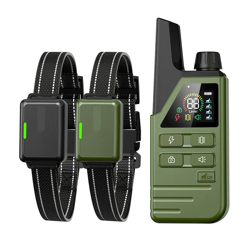 A green electric dog training collar with a black strap and a separate remote control unit.