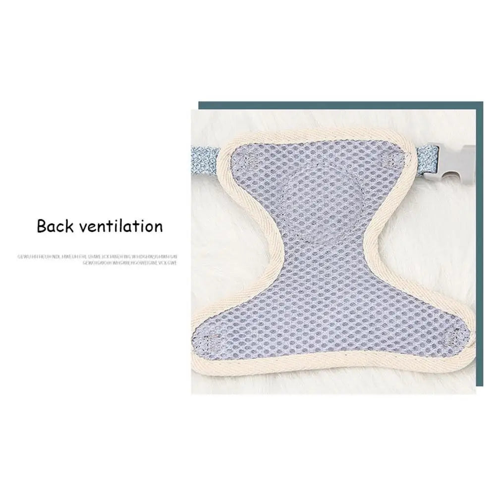Light gray pet harness designed for back ventilation and featuring a clip for leash attachment.