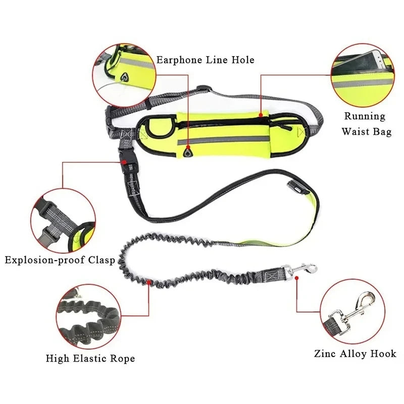 Hands-Free dog waist leash featuring a yellow running waist bag, elastic rope, and zinc alloy hook.