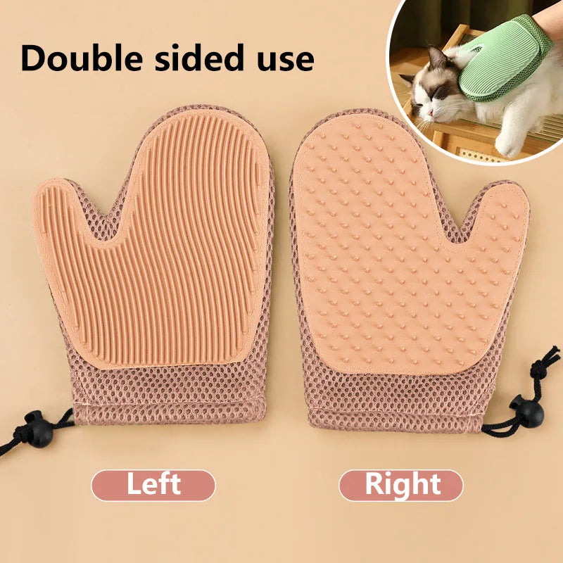 Pair of double-sided pet grooming gloves for cats and dogs, showing the left and right sides.