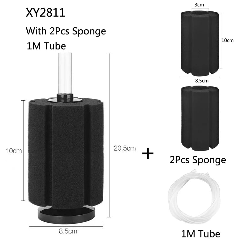 Black aquarium bio sponge filter with a clear tube and two sponges shown next to the components.